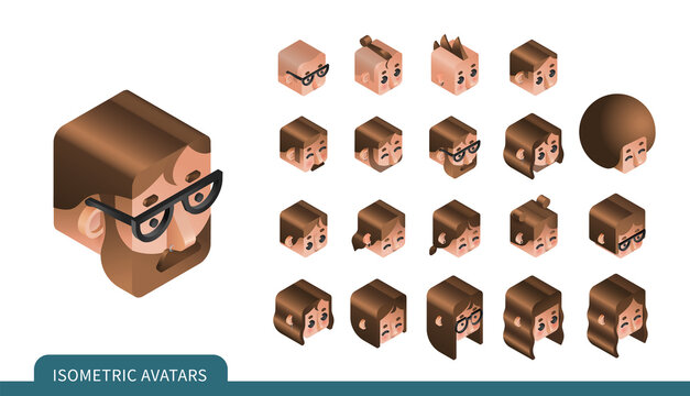 Flat isometric vector set. Avatars of men and women with brown hair. Different haircuts and hairstyles. Piercing, glasses and earrings design element. Face icons.