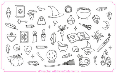 Set for witchcraft elements. Book, candle, crystal, key, tarot cards, hat, skull, sun, moon, magic ball, cauldron, bottles with potion and poison. Halloween. Flat outline vector illustration. 