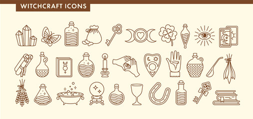 Set for witchcraft icons. Book, cup, crystal, tarot cards, butterfly, horseshoe, moon, magic ball, beans, lavender, bottles with potion and poison. Halloween. Outline vector illustration. 