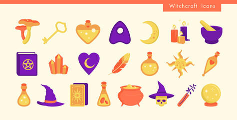 Set for witchcraft icons. Book, candle, crystal, key, tarot cards, hat, skull, sun, moon, magic ball, cauldron, bottles with potion and poison. Halloween. Flat vector illustration. 