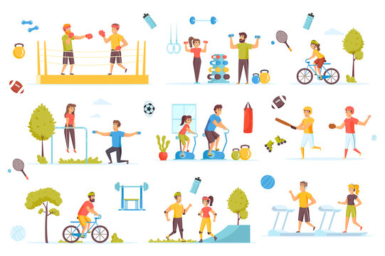 Sports activities bundle of flat scenes. Fitness and outdoor workout isolated set. Boxer, cyclist, runner, treadmill, roller skates, barbell, gym, baseball player elements. Cartoon vector illustration