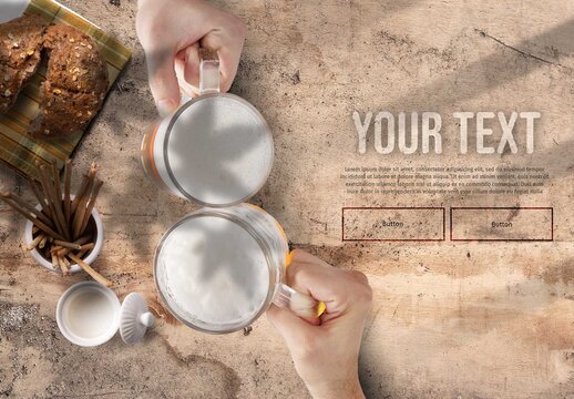 Top View Mockup of Toasting Mugs and Snacks