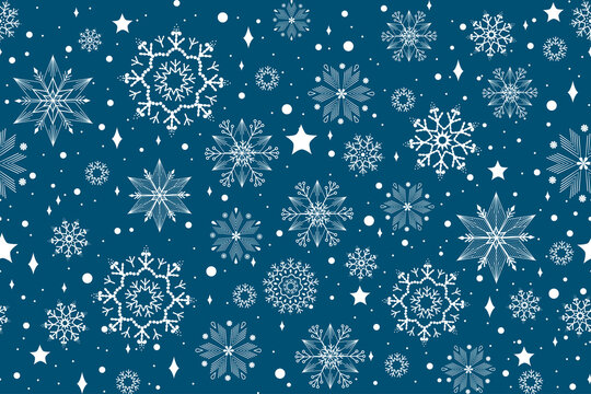 Seamless design blue Christmas card with white snowflakes vector illustration. Template for wrapping paper, textiles, postcards. Christmas background EPS10