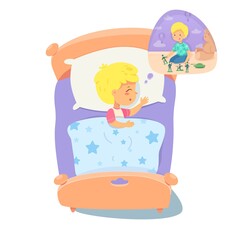 Child sleeping at bed, dreaming of playing with toy soldiers in bubble. Calm boy under blanket on pillow in bedroom asleep at night. Happy childhood bedtime vector illustration