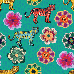 Vector tropical flowers and tigers seamless pattern background.