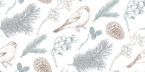 Vector seamless pattern with Christmas floral elements, plants, branches, pine cones, birds.
