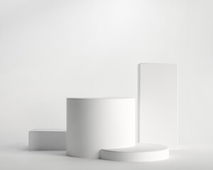 Fototapeta premium Podium, exhibition cubes pedestal - 3d render illustration. Stand for bend cosmetic products. Geometric boxs figures - architectural composition. Stylish trending advertising base podium.