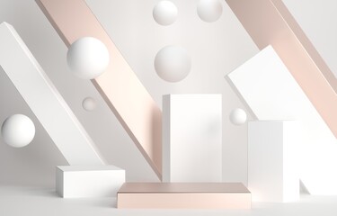 Podium, exhibition cubes pedestal - 3d render illustration. Stand for bend cosmetic products. Geometric boxs figures - architectural composition. Stylish trending advertising base podium.