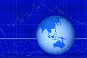 株価のグラフと地球儀