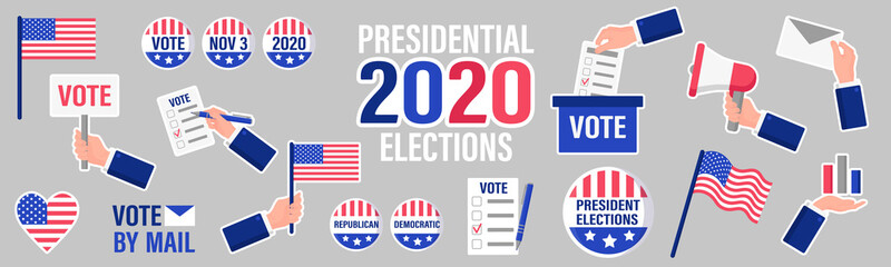 Vector cartoon set of illustrations of the US presidential election 2020. The concept of voting and patriotism