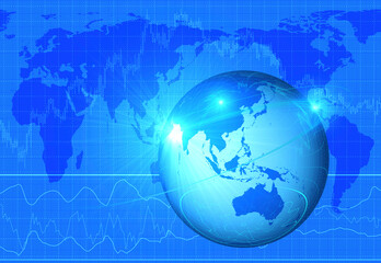 株価のグラフと地球儀