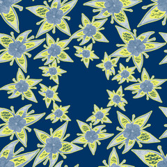 Neon flowers crassula on blue background, money tree, seamless pattern, background, texture
