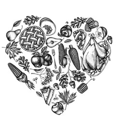 Heart design with black and white pumpkin, fork, knife, pears, turkey, pumpkin pie, apple pie, corn, apples, rowan, maple, oak