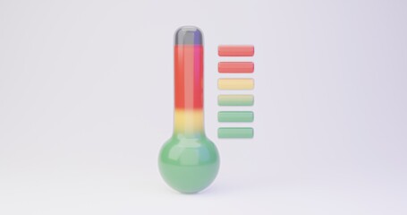 3D render animation of 3 stylized glass thermometers, temperature indicator, filling on a white background. The container is full, half full, with very little red, yellow and green liquid.