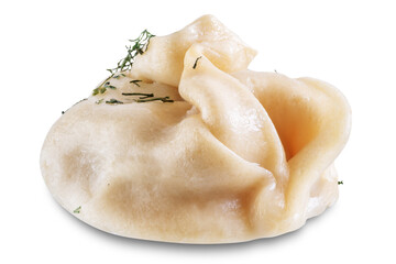 Steamed manta rays with meat sprinkled with dill in a plate on a white isolated background