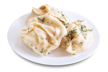 Steamed manta rays with meat sprinkled with dill in a plate on a white isolated background