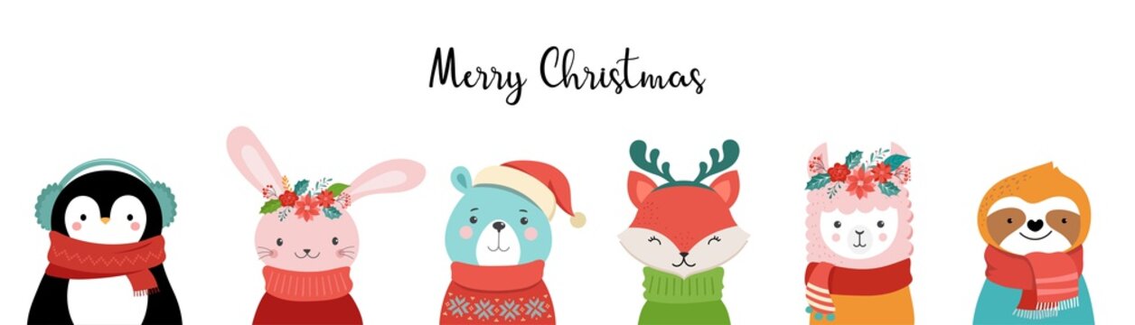 Cute Christmas Safari Animals. Sloth, Llama, Bunny, Polar Bear. Merry Christmas Baby Animals Wearing Warm Clothes, Sweater, Scarf And Hats 