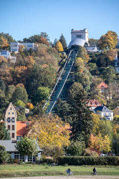 Dresden, Germany-October 12,2019 View of historical funicular near the river Elbe in Dresden