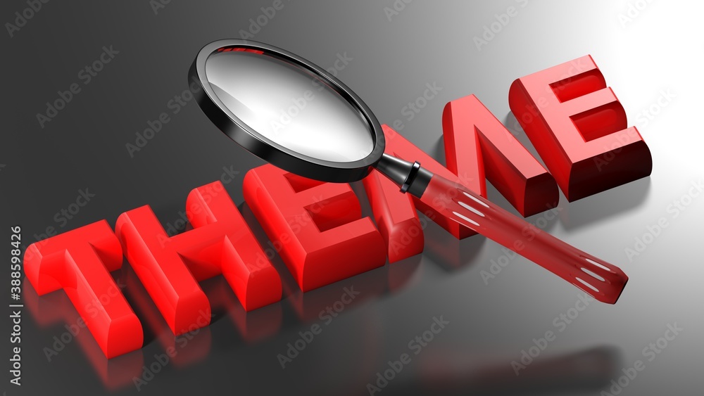 Aufkleber magnifier over red write theme on black glossy background - 3d rendering illustration