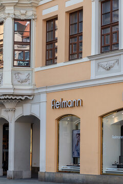 View of the historic fa&ccedil;ade of the shop of the optician fielmann at the old market in Leipzig