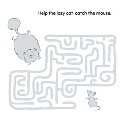Educational game for children-help the cat catch the mouse. Cartoon vector illustration.