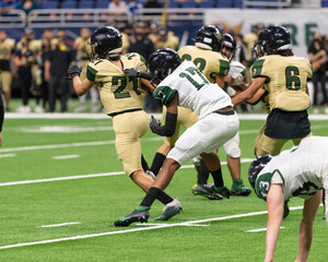 Football players displaying amazing athletic ability while making plays during a game