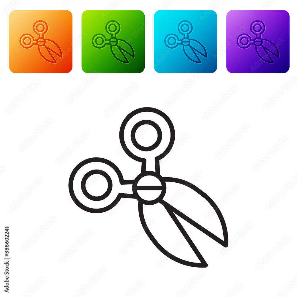 Poster Black line Scissors icon isolated on white background. Cutting tool sign. Set icons in color square buttons. Vector.