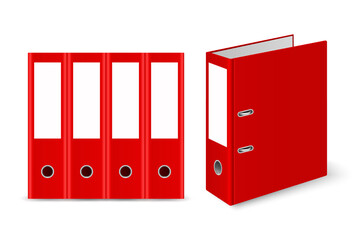 Vector 3d Closed Realistic Red Blank Office Binder with Metal Rings for A4 Paper Sheet Set Closeup Isolated on White Background. Design Template, Mockup, Front, Side, Back View