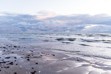 Fototapeta na wymiar The sea and the sky before the storm. .With algae on the shore sand