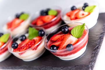 Panna Cotta  with strawberries, blueberries and pears 