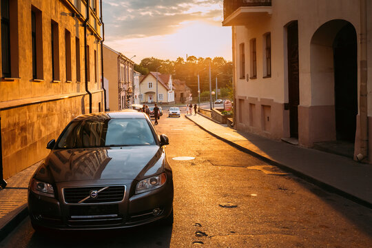 Grodno, Belarus. Gray Color Volvo Car Paked At Street In Sunset Or Sunrise Time.