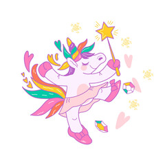Cute dancing fairy Unicorn with rainbow mane and ballerina tutu skirt, cartoon vector icon illustration isolated on white. Print design of magic childish unicorn for sticker or patch badge.