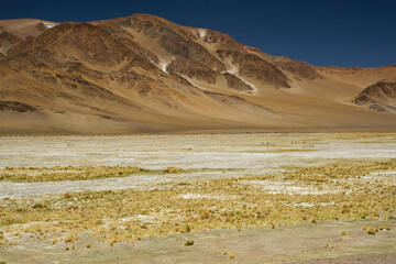 The Andes mountain range. Panorama view of the brown mountains, yellow grass and valley, under a deep blue sky.
