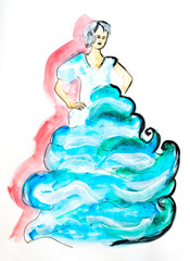 Watercolor hand drawn painting with a woman in blue princess dress