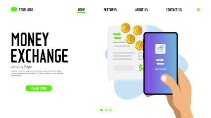 Money exchange landing page template design for website and app