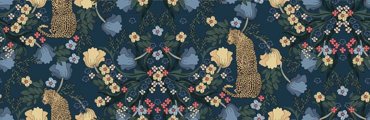 Fotobehang Luipaard met bloemen en bladeren in vintage stijl, naadloos patroon. © Lana