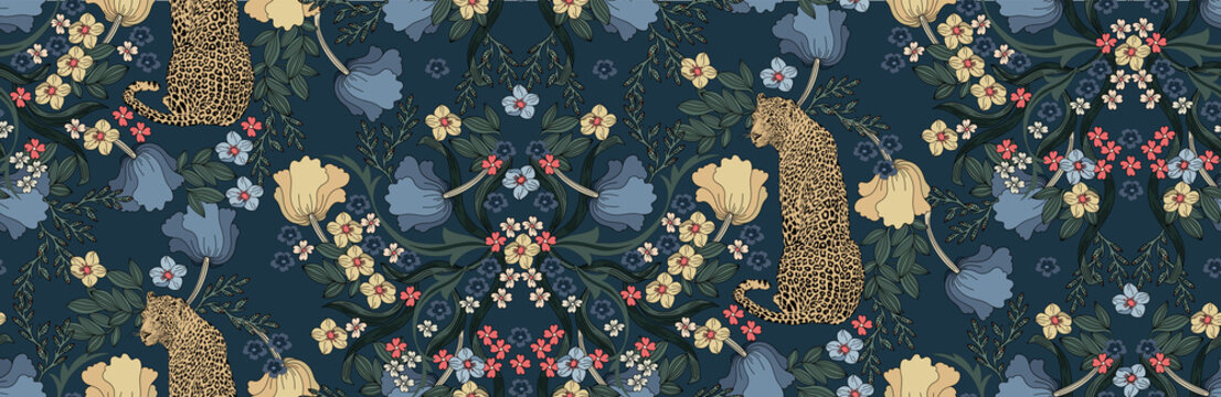 Leopard with flowers and leaves in vintage style, seamless pattern.