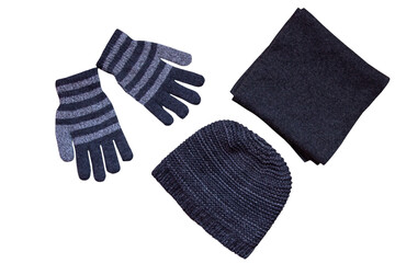 gloves and hat and scarf isolated,children's winter clothes on a white background