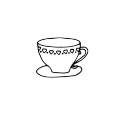 Cup and saucer monochrome sketch. Hand hot drink illustration object isolated for web, for print