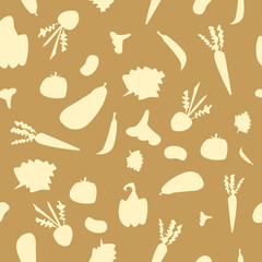 Agriculture seamless pattern with vegetables, only two colors good for wrapping paper. Background with carrots, tomatoes, peppers, paprika, cucucmber,  eggplant, potatoes