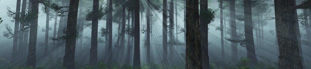 Trees in the fog. The smoke in the forest in the morning. A misty morning among the trees. 3D rendering	
