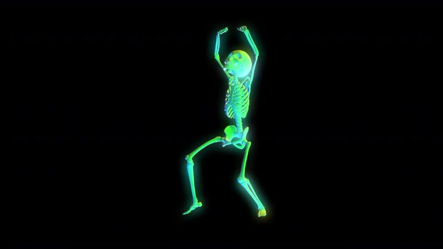 Seamless elegant animation glowing dancing skeleton with rainbow colors. Funny halloween dark background neon effect and alpha channel.