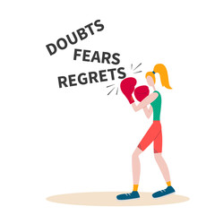 Woman fighting the depression, doubts, fears, regrets word. Psychology consept. Flat vector isolated on white illustration. Woman action illustration.