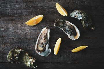 Close-up of fresh open raw oysters with lemon and ice on a wooden background. Healthy seafood. View from above. Copy space.