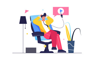 The guy is resting while sitting in a comfortable chair, the guy is sitting with folded arms to the head, isolated on white background, flat vector illustration