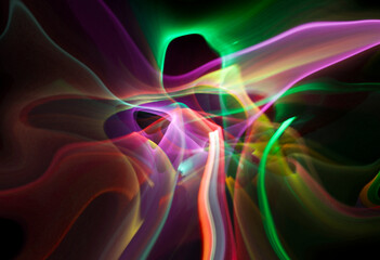 Abstract line motion of different colors, curves abstraction color explosion. Unrecognizable figure. Expressive sketch on black background isolated