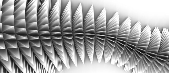 Abstract 3D rendering of free form winding curve made of sharp pyramid shaped black and white thorns on a white background