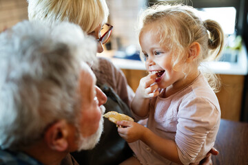 Happy smiling senior randparents playing with their granddaughter