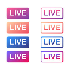 Live video stream buttons icon set. Colorful gradient frames with LIVE text vector illustration.