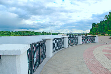Modern Sozh embankment in Gomel. Beautiful panorama to river in Belorussian city